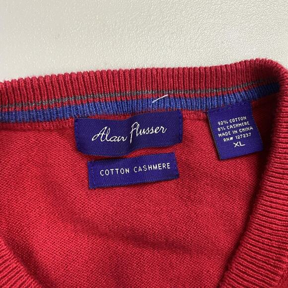 Alan Flusser Sweater Mens XL Red Cotton Cashmere V Neck Old Money Academia Prep - Picture 10 of 11